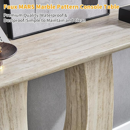 55" Console Table for Entryway, Narrow Sofa Entrance Table with Faux Mars Marble Pattern, Modern Sofa Tables with U-Shaped Base for Living Room, Hallway, Foyer, Home Office, Beige Dark