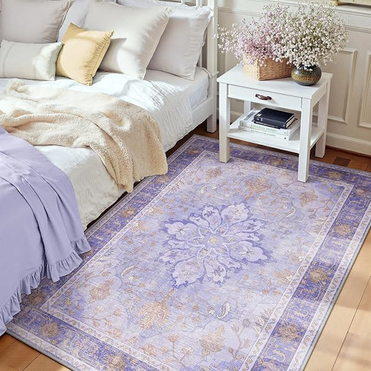 RELEANY Area Rugs 3'x5' Washable Non-Slip, Floral Vintage Distress Medallion Carpet for Living Room Bedroom Dining Room, Light Purple Brown