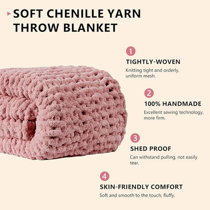 L'AGRATY Chunky Knit Blanket Throw: 72''x84'' Chenille Chunky Knitted Throw Blanket for Bed Couch - Handmade Thick Big Cable Knit Blanket - Large Crochet Blankets for Home Decor(Rose Pink)