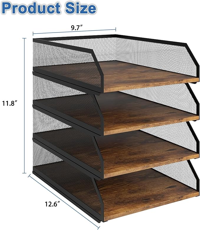 Natwind 4-Tier Stackable Paper Tray, Retro | Metal Mesh, Wood Board, Desktop Organizer, For Home, Office, School