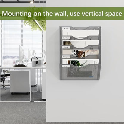 EasyPAG Wall File Organizer 5 Tier Hanging Paper Folder Holder, Zero Assembly Metal Mesh Wall Mounted Mail Organizer for Office Home Classroom Narrow Spaces, Silver
