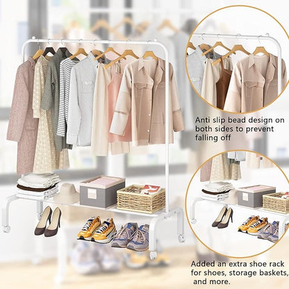 Rolling Clothes Rack Metal Clothing Rack with Wheels Garment Rack with Bottom Shelf for Hanging Clothes Shirts Jeans and Coats White