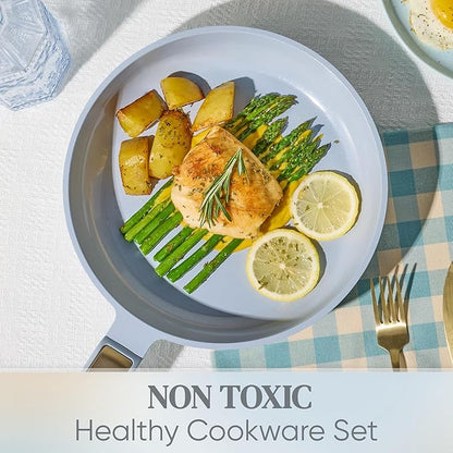 CAROTE Ceramic Cookware Set Nonstick, 14pcs Pots and Pans Set Nonstick, Non-Toxic & PFAS-Free, Dishwasher, RV/Camping Cookware Set, Cooking Pots with Lids, Pastel Blue