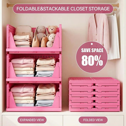 Pink Girl Closet Organizers and Storage Stackable Plastic Drawer Basket for Clothing Stackable Storage Bins Shelf Storage Container for RV Closet Wardrobe Bedroom Bathroom Playroom 6 Pack