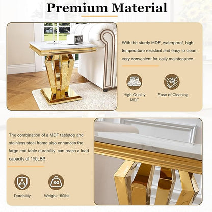 Marble End Table, Modern Square 23” Side Table with Diamond-Shape Stainless Steel Base and Faux Marble Top, Small Sofa Table for Living Room, Bedroom, Lounge (Gold,White)
