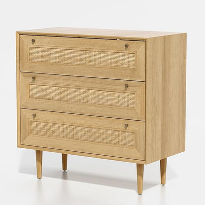 Rattan 3 Drawer Dresser for Bedroom, Modern Dresser Wood Chest of Drawers with Metal Handles,Boho Storage Cabinets Corner Bedside Table for Bedroom, Living Room, Entryway, Natural Oak