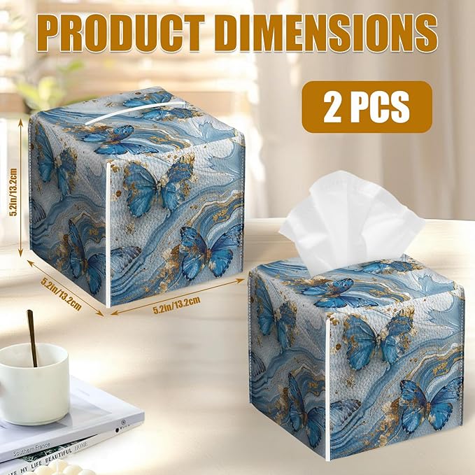 Blue Butterfly Tissue Box Cover 2PCS, Marble Leather Tissue Box Holder Square Facial Paper Case Tissue Box Cube Organizer for Bathroom Bedroom Desk Office