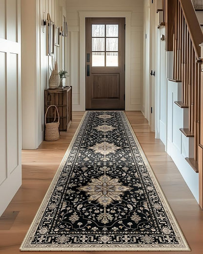 RELEANY Area Rugs Runner 2'x10' Washable Non-Slip, Floral Vintage Distress Medallion Carpet for Kitchen Hallway Bedroom Beside Laundry Room Bathroom, Black Brown Neutral Dark Tan