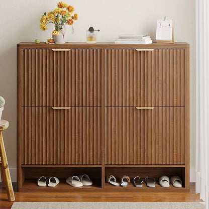 Shoe Storage Cabinet for Entryway with 4 Flip Drawers, 47.2" Large Modern Freestanding Shoe Organizer with Fluted Doors & Hidden Shoe Rack - Slim Enclosed Shoe Rack for Hallway (Walnut)