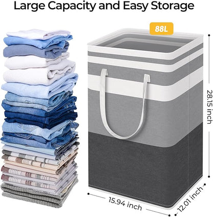 HomeHacks 2-Pack Large Laundry Basket, Waterproof, Freestanding Laundry Hamper, Collapsible Tall Clothes Hamper with Extended Handles for Clothes Toys in the Dorm and Family Gradient Grey, 88L