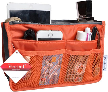 Vercord Purse Organizer Insert for Handbags Bag Organizers Inside Tote Pocketbook Women Nurse Nylon 13 Pockets Orange Large