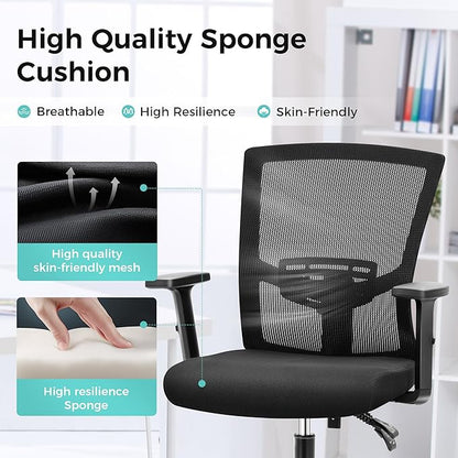 ALPHA HOME Office Chair Ergonomic, Mid Back Mesh Computer Chair with Lumbar Support Executive Stool with Adjustable Armrest & Seat Cushion, BIFMA & SGS Certified