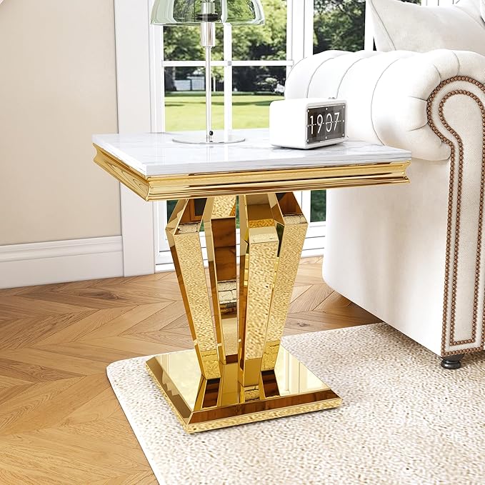 Marble End Table, Modern Square 23” Side Table with Diamond-Shape Stainless Steel Base and Faux Marble Top, Small Sofa Table for Living Room, Bedroom, Lounge (Gold,White)