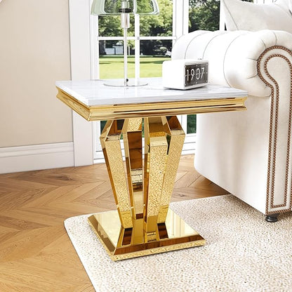 Marble End Table, Modern Square 23” Side Table with Diamond-Shape Stainless Steel Base and Faux Marble Top, Small Sofa Table for Living Room, Bedroom, Lounge (Gold,White)