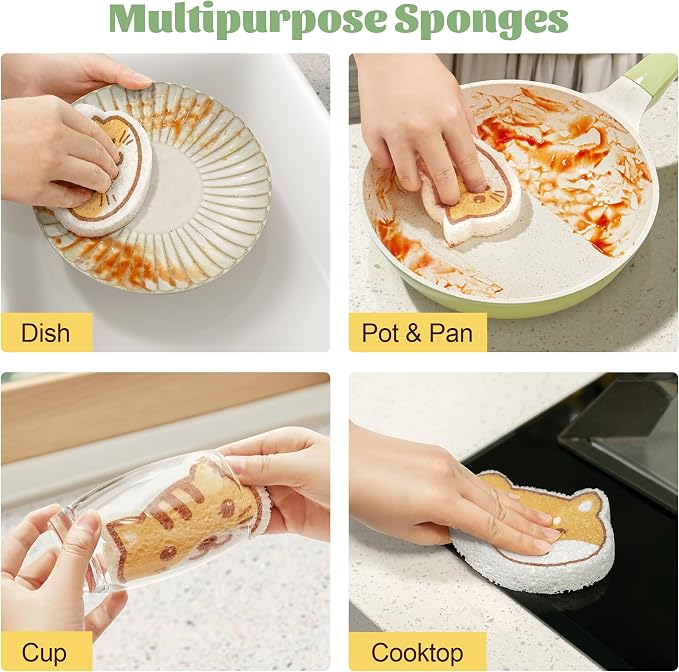 JOYMOOP Cartoon Kitchen Sponge, Non-Scratch Sponges for Dishes, Natural Cellulose Sponges for Cleaning, Reusable Sponge for Household Cleaning - 18 Pcs Mixed Pattern (Kitten, Doggy and Piggy)