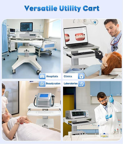 White Medical Trolley Cart with Laptop Tray & Oral Scanner Holder 220LBS, Mobile Workstation with Wheels & Drawer for Hospital Dental Clinics Beauty Salons Lab