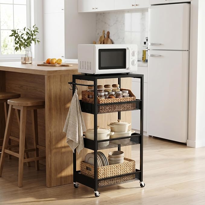 Rolling Utility Cart, 4 Tier Metal Storage Cart with Handle and Wood Top, Multifunctional Mobile Shelf Unit Organizer Trolley for Laundry, Bathroom, Kitchen