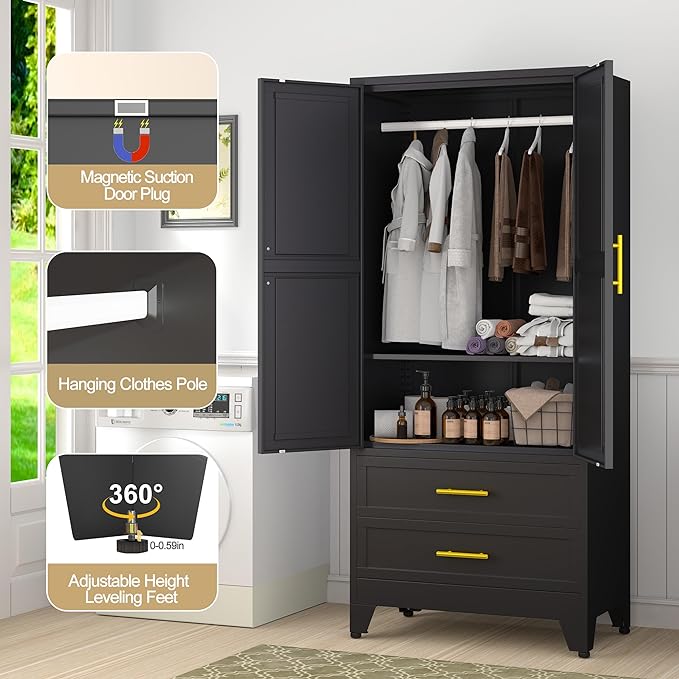 Steel Armoire Wardrobe Closet, 71" Metal Clothing Storage Cabinets with 2 Doors, 1 Adjustable Shelf and 2 Drawers, Metal Wardrobe Cabinet with Hanging Rod for Bedroom, Gym, Cloak Room (Black)