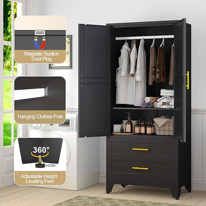Steel Armoire Wardrobe Closet, 71" Metal Clothing Storage Cabinets with 2 Doors, 1 Adjustable Shelf and 2 Drawers, Metal Wardrobe Cabinet with Hanging Rod for Bedroom, Gym, Cloak Room (Black)