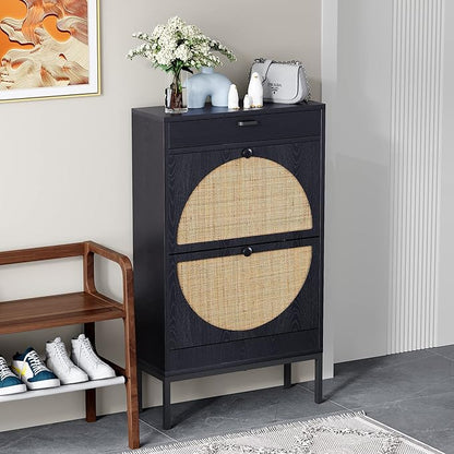 Yechen Shoe Rack Storage Organizer with 2 Natural Semi-Circular Rattan Doors, Entryway Wooden Shoe Cabinet for Sneakers, Leather Shoes, Heels, Slippers (Black)