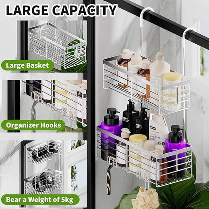 SHANSHUI Shower Hanging Caddy, Double Bathroom Showers Organizer Basket, Shampoo Bracket, Over Door Shower Rack with Hooks, 304 Stainless Steel Rustproof