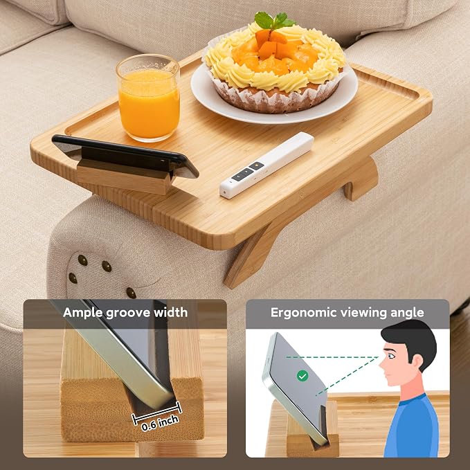 SINWANT Couch Arm Tray,Bamboo Sofa Clip on Side Table,Foldable Couch Armrest Table with 360°Rotating Phone Holder,Anti Slip Food Trays for Eating/Drinks/Snacks/Remotes 15.35" x 9.85"