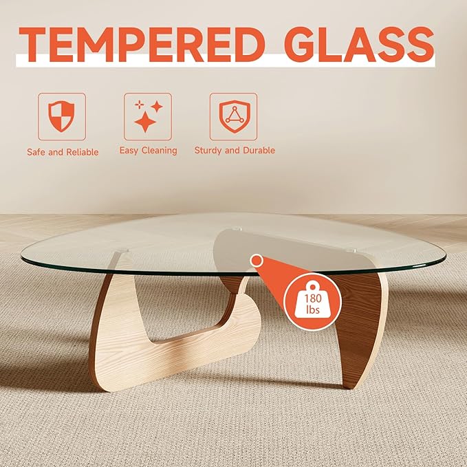 Modern Coffee Table for Living Room and Small Spaces, 35.6" x 25.4" x 15.8" Triangle Tempered Glass Table Top and Solid Wood Base, Natural Wood