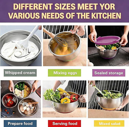 Umite Chef Thickened Heavy-Duty 26pcs Stainless Steel Bowl, Mixing Bowl Set with Lid, Grater Attachment, Colorful Non-Slip Bottom and Kitchen Gadget Set, Sizes 7, 4, 2.5, 2.0, 1.5, 1QT