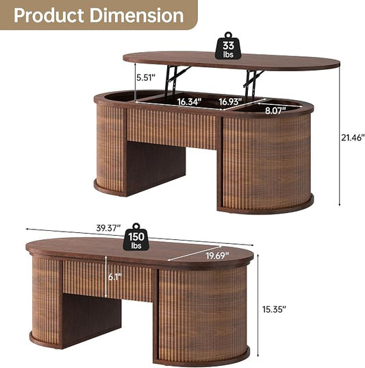 Fluted Lift Top Coffee Table with Storage, Oval Living Room Center Table with Hidden Compartment, Modern Mid-Century Wood Coffee Table for Small Spaces, Home Office, Walnut