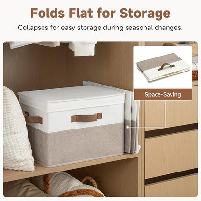 StorageWorks Fabric Storage Bins with Lid, Decorative Storage Boxes for Shelves, Stackable Closet Organizer Basket with Handles, Large, Brown and White, 2-Pack