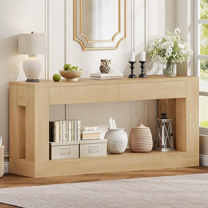 63" Long Console Table with 2 Drawers, Farmhouse Sofa Table Behind Couch with Heavy Duty Legs, Entryway Table for Living Room, Entrance, Hallway, Foyer, Natural Wood