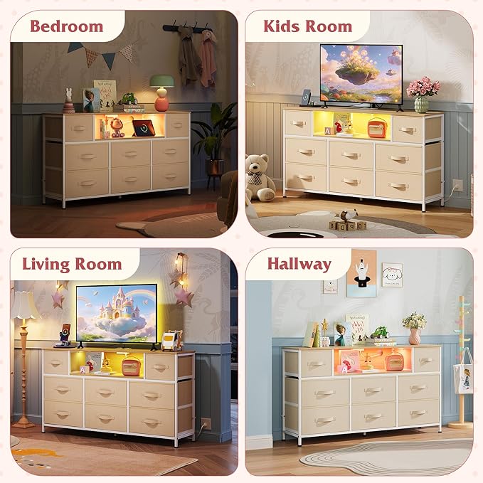WLIVE Dresser TV Stand for 45, 50, 55 inch TV, Entertainment Center with LED Lights & Charging Station, Chest of Drawers with 8 Fabric Drawers and Open Shelves for Living Room, Hallway, Cream White