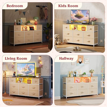 WLIVE Dresser TV Stand for 45, 50, 55 inch TV, Entertainment Center with LED Lights & Charging Station, Chest of Drawers with 8 Fabric Drawers and Open Shelves for Living Room, Hallway, Cream White