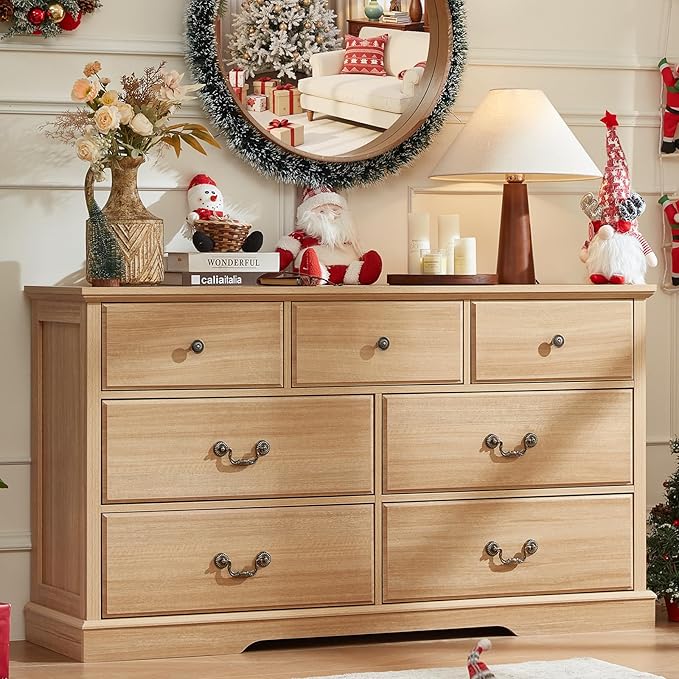 Farmhouse 7 Drawer Dresser for Bedroom, 57" Wide Wood Rustic Chest of Drawers, Farmhouse Chest of Drawers for Bedroom, Wood Drawer Organizer for Bedroom, Hallway, Natural
