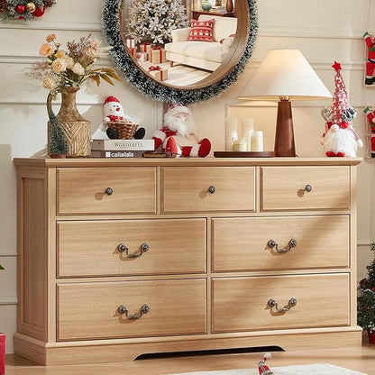 Farmhouse 7 Drawer Dresser for Bedroom, 57" Wide Wood Rustic Chest of Drawers, Farmhouse Chest of Drawers for Bedroom, Wood Drawer Organizer for Bedroom, Hallway, Natural