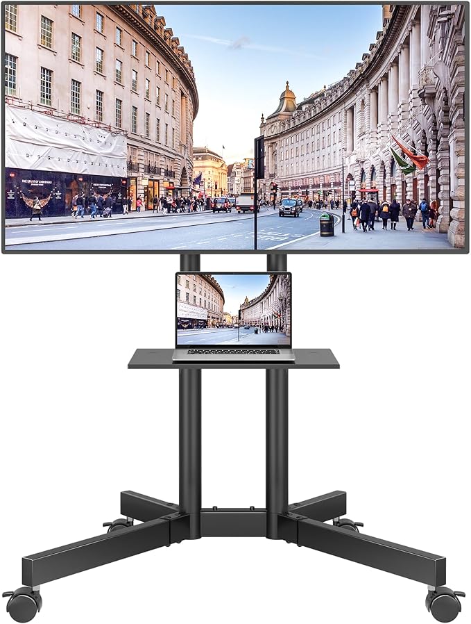 BONTEC Rolling TV Stand with Tilt, Mobile TV Cart for 32–85 Inch LED LCD OLED Flat & Curved TVs, Portable Stand with Laptop Shelf, Locking Wheels, Outdoor TV Stand Holds 132 lbs, Max VESA 600x400mm