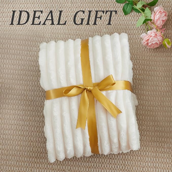 BEDELITE Blankets Queen Size for Bed, 300GSM Soft & Warm Fleece Blanket, Decorative and Giftable Striped Cream White Blankets for Women, Men, 90"x90"