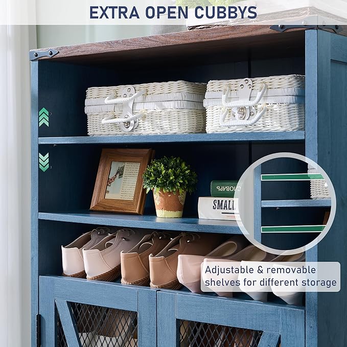 JXQTLINGMU Farmhouse Shoe Cabinet, 72" Tall with Mesh Doors and Adjustable Shelves, Rustic Wooden Shoe Organizer, Modern Large Shoe Cabinet Storage for Entryway, Blue