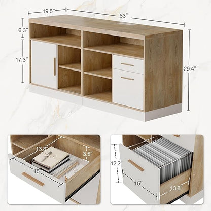 63" Wood Lateral File Cabinet with Lock, Filing Cabinet for Home Office with Adjustable Storage Shelves, Wide Office Credenza, Fits Letter/A4 Size, Light Walnut