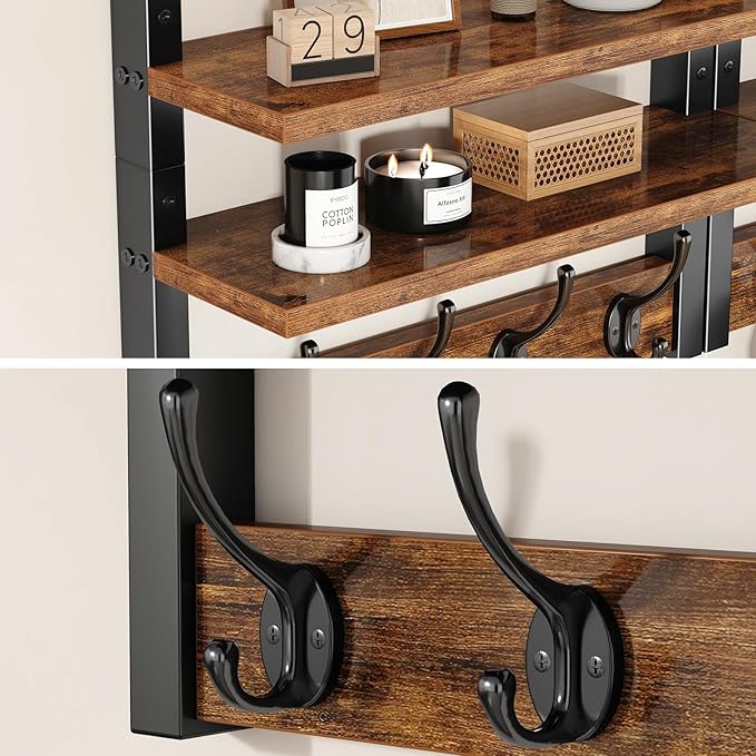 YMYNY Coat Rack Wall Mount with Shelf, Two-Tier Wall Shelf Mounted with 8 Hooks, Wooden Wall Coat Rack for Entryway, Bedroom for Hanging Clothes/Coats/Keys/Hats/Towels, Rustic Brown, HWS009H-2