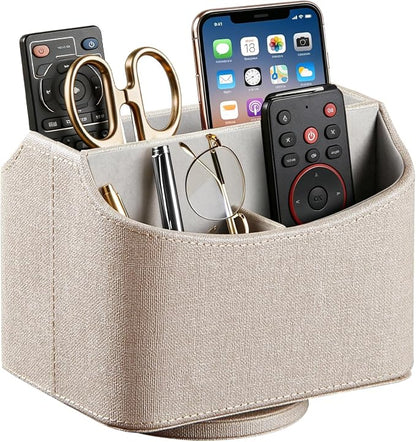 PUSU Leather 360°Rotatable Remote Control Holder,Nightstand TV Remote Caddy,Office Supplies Desktop Organizer,Spinning Storage Box for Pen,Mail,Phone,DVD, Blu-Ray, Media Player, Heater Controllers