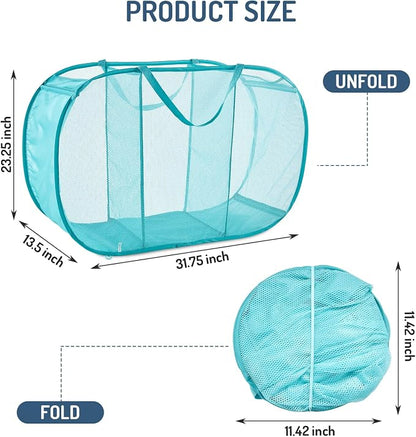 Seiritex Mesh Popup Laundry Hamper 3 Compartment Sortable Horizontal Collapsible Laundry Basket for Clothes Laundry Room Bedroom Toys Travel (Turquoise Blue)