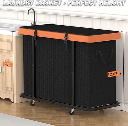 300L Large Fashion Laundry Basket with Wheels, Leather Patchwork Rolling Hamper Carts, Sturdy Metal Frame, Removable Washable Bag, Tall Clothes Sorter for Bedroom (Black, 4 Section-300L)