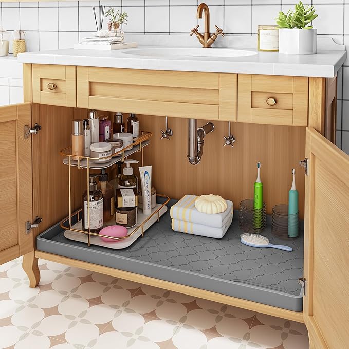 Jin&Bao Waterproof Under Sink Mat 31" x 22", Thick Silicone Mat Cabinet Protector for Kitchen and Bathroom, Shelf Liner, Home Organizer and Storage, Multipurpose Tray for Gadgets and Essentials