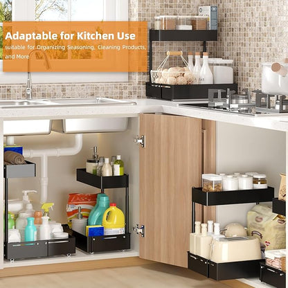 Henyol 2Packs Under Sink Organizer with Adjustable Height and Width, Under Cabinet Organizer to Tidy, Sturdy Metal Design for Kitchen and Bathroom