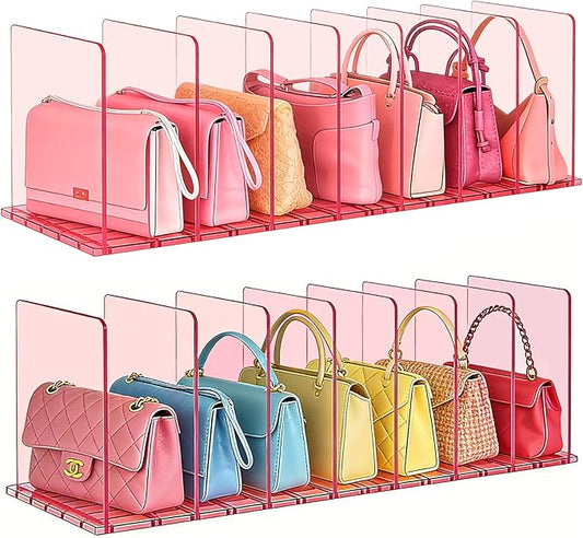 SortNStore Purse Organizer for Closet: Shelf Dividers Adjustable Acrylic Bag Closet Organizers and Storage Pink 4 Bases 14 Shelves