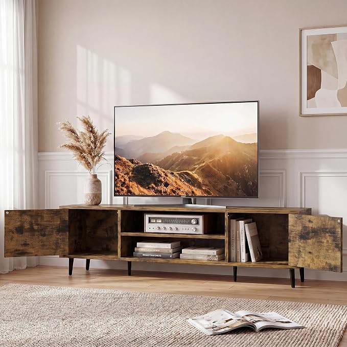 JUMMICO Mid-Century Modern TV Stand for 65-70 Inch TVs, 63 Inch Media Console with Storage, Entertainment Center with Push-Open Cabinets and Cable Management for Living Room (Rustic Brown, 63 Inches)