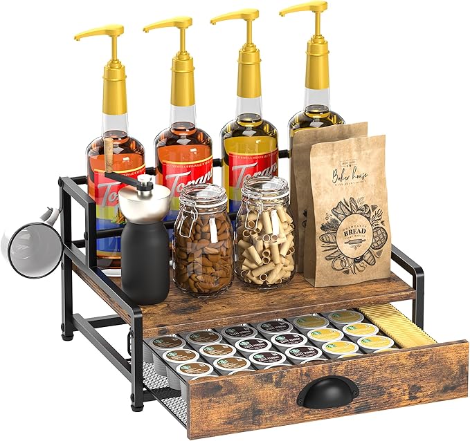 Coffee Syrup Rack Organizer, 2 Tier Countertop Storage Shelves with 35 K Cup Drawer, 8 Syrup Bottle Stand Holder for Wine, Kitchen Coffee Station Organizer Rack, Rustic Brown