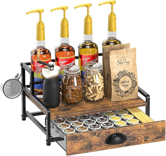 Coffee Syrup Rack Organizer, 2 Tier Countertop Storage Shelves with 35 K Cup Drawer, 8 Syrup Bottle Stand Holder for Wine, Kitchen Coffee Station Organizer Rack, Rustic Brown