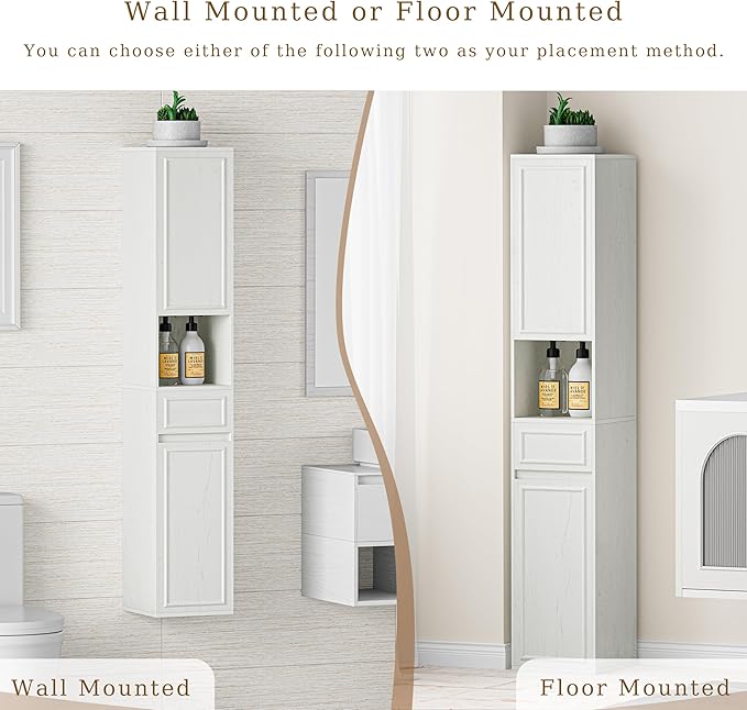 Tall Bathroom Storage Cabinet, Wall Mounted or Floor Mounted,Narrow Slim Wall Cabinet with 2 Door, 1 Drawer, Open Shelf for Living Room, 11.81" D x 11.81" W x 65" H (Line White, 1 PCS)